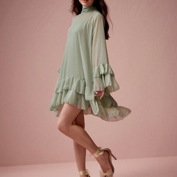 Mint Green Elegant Women's Ruffle Sleeve A-Line Dress - Picture 1 of 7